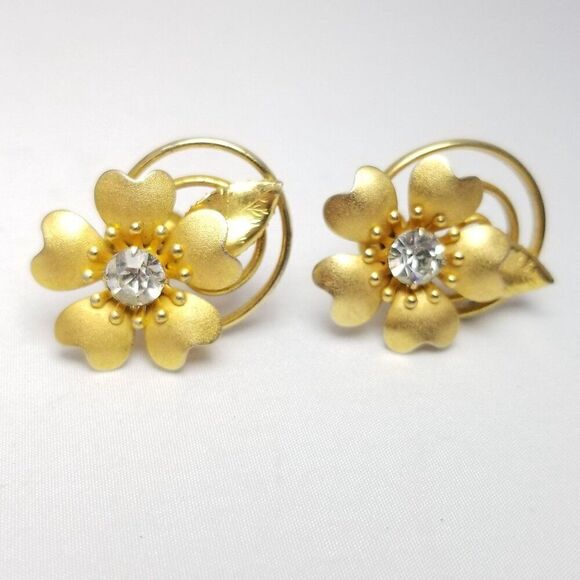 Vintage Flower Rhinestone Center Clip On Screw Back Earrings, Gold Tone Setting - Picture 2 of 6